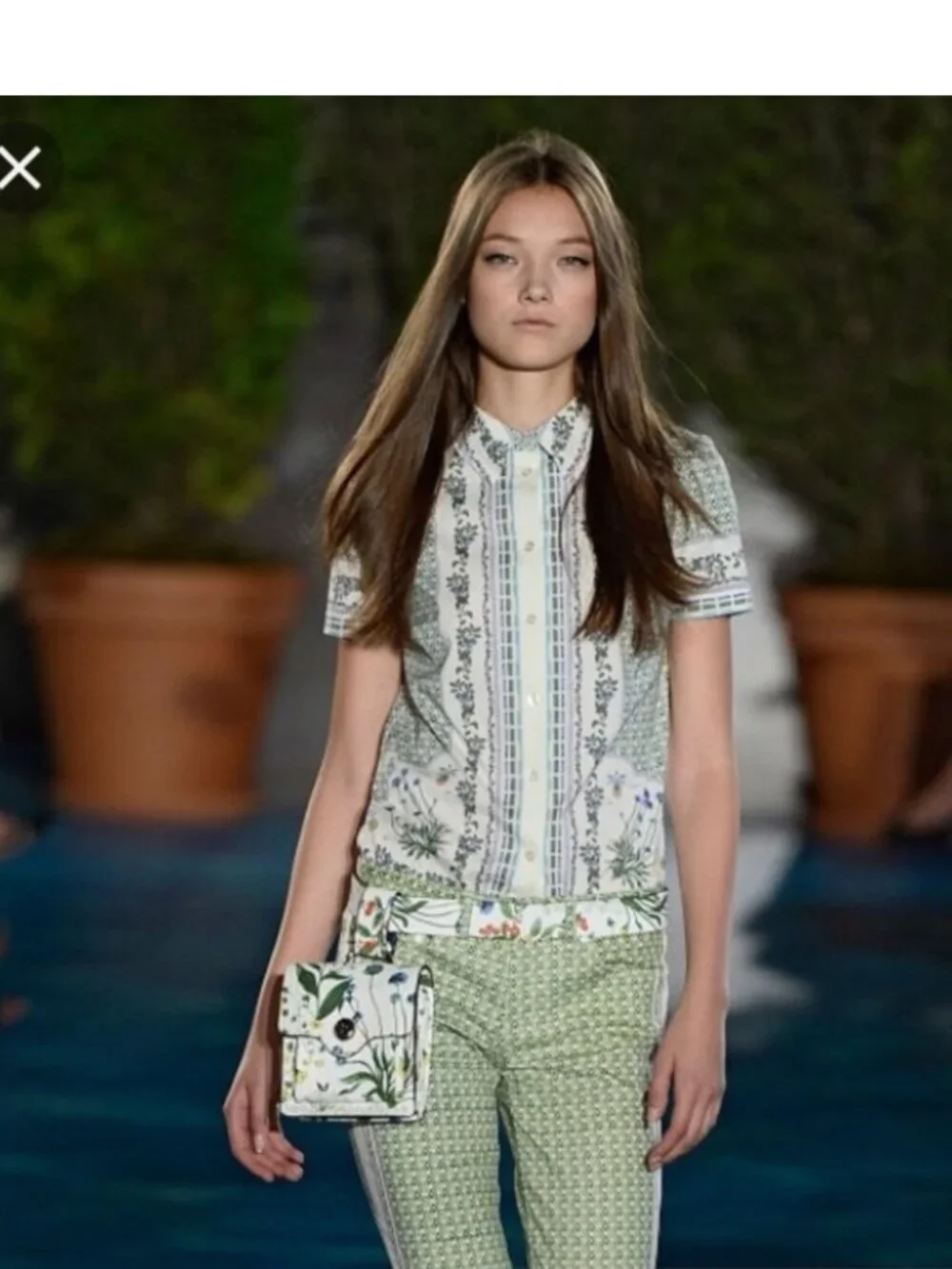 TORY BURCH Talia Botanical Printed Stretch Cotton Short Sleeve Shirt Size 12